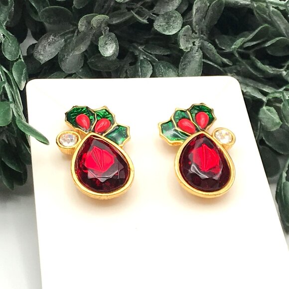 Vintage Gold Tone Holly Earrings With Red & Green Enamel Accents - Picture 4 of 4